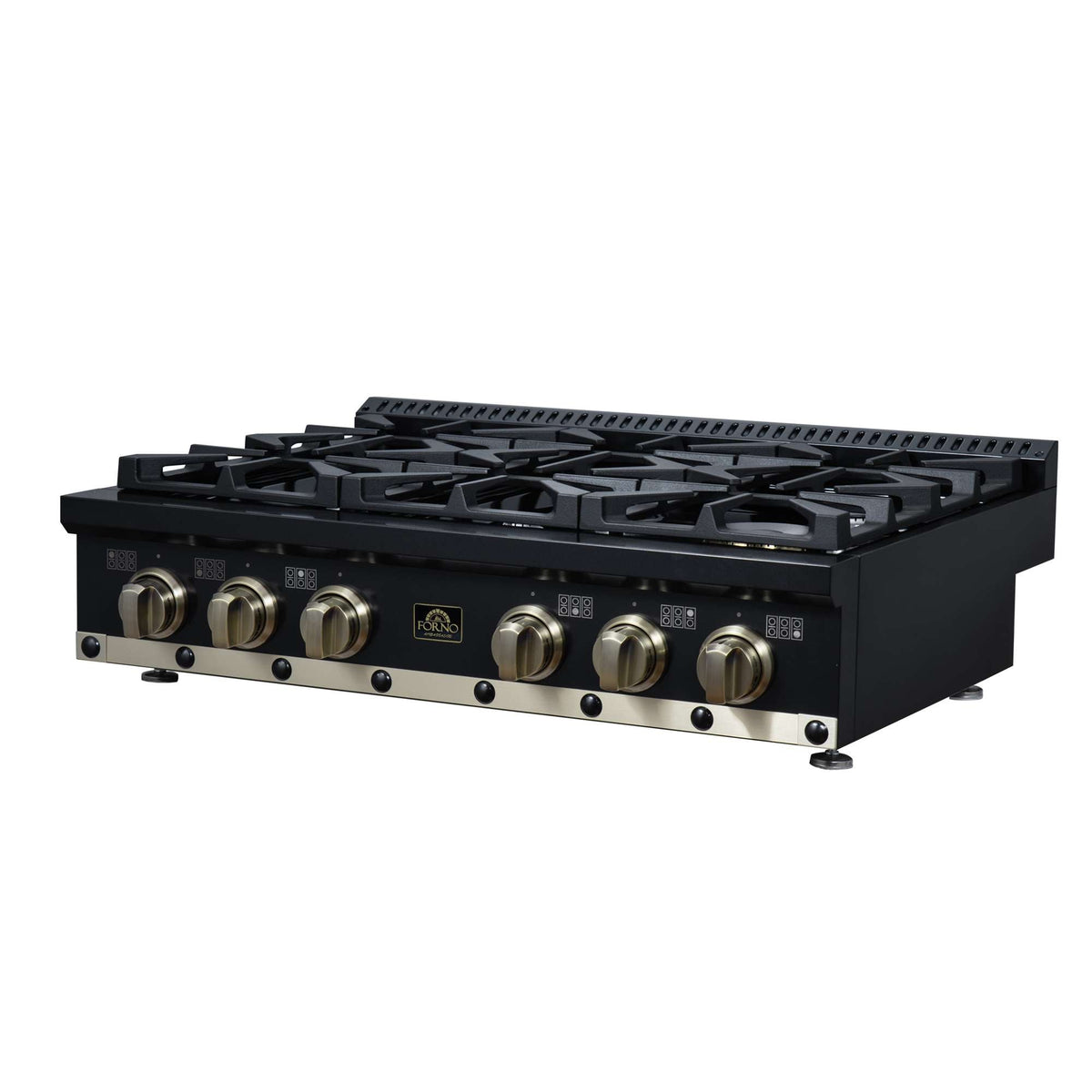 Forno Ambassador 36" Gas Cooktop in Black, 6 Sealed burners, 71,000 BUT Output, 1 Antique Brass Dual-Ring Burner, Continuous Cast Iron Grates - FCTGS5799-36CPBLK