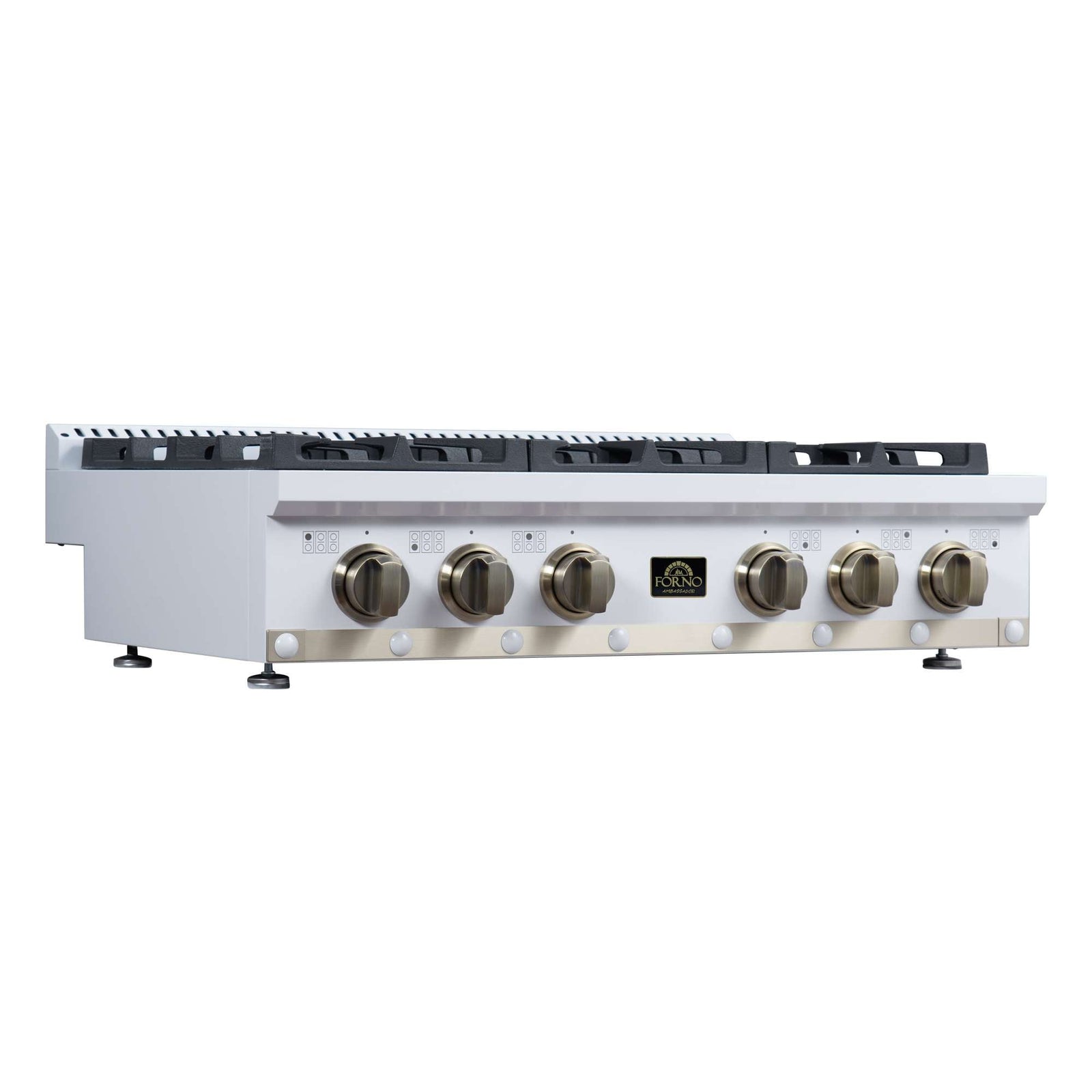 Forno Ambassador 36" Gas Cooktop in White, 6 Sealed burners, 71,000 BUT Output, 1 Antique Brass Dual-Ring Burner, Continuous Cast Iron Grates - FCTGS5799-36CPWHT
