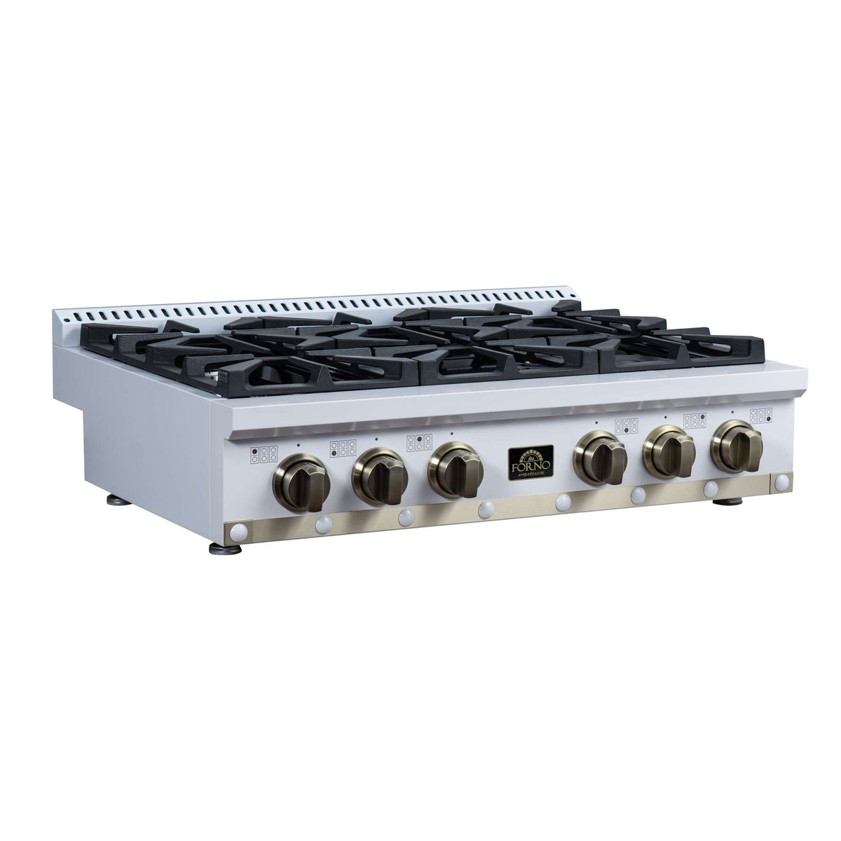 Forno Ambassador 36" Gas Cooktop in White, 6 Sealed burners, 71,000 BUT Output, 1 Antique Brass Dual-Ring Burner, Continuous Cast Iron Grates - FCTGS5799-36CPWHT