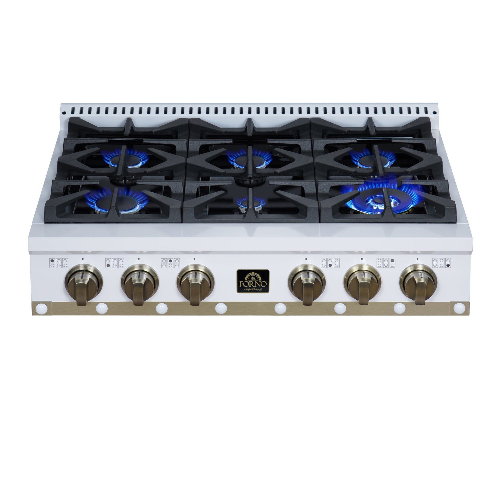 Forno Ambassador 36" Gas Cooktop in White, 6 Sealed burners, 71,000 BUT Output, 1 Antique Brass Dual-Ring Burner, Continuous Cast Iron Grates - FCTGS5799-36CPWHT