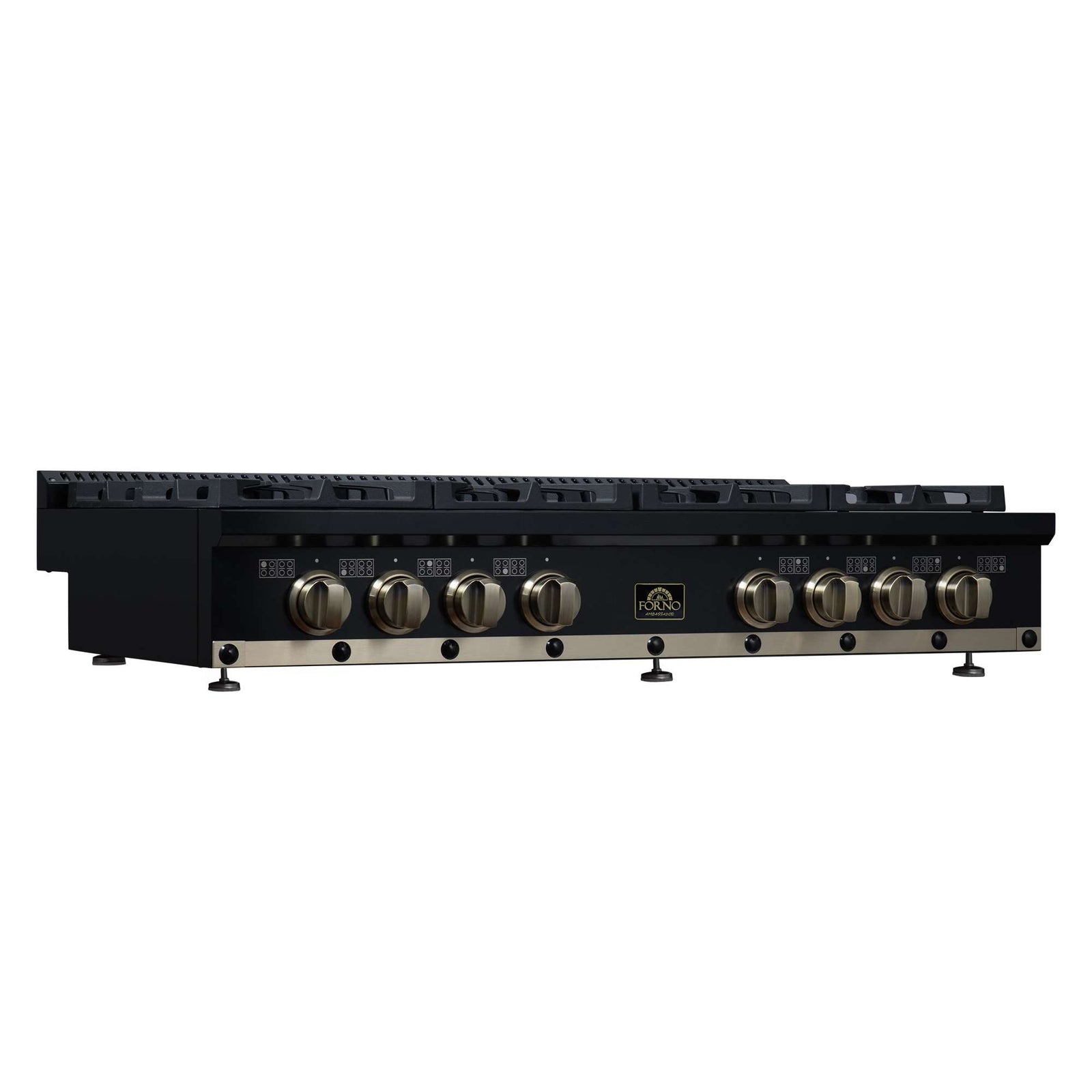 Forno Ambassador 48" Gas Cooktop in Black, 8 Sealed burners, 94,000 BUT Output, 2 Antique Brass Dual-Ring Burners, Continuous Cast Iron Grates - FCTGS5799-48CPBLK