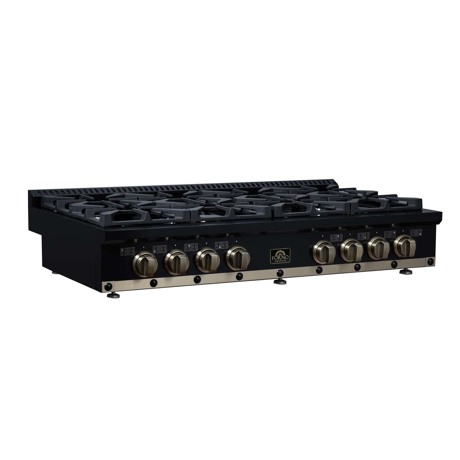 Forno Ambassador 48" Gas Cooktop in Black, 8 Sealed burners, 94,000 BUT Output, 2 Antique Brass Dual-Ring Burners, Continuous Cast Iron Grates - FCTGS5799-48CPBLK