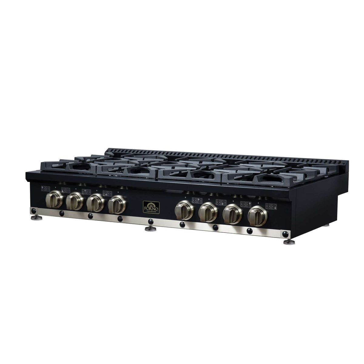Forno Ambassador 48" Gas Cooktop in Black, 8 Sealed burners, 94,000 BUT Output, 2 Antique Brass Dual-Ring Burners, Continuous Cast Iron Grates - FCTGS5799-48CPBLK