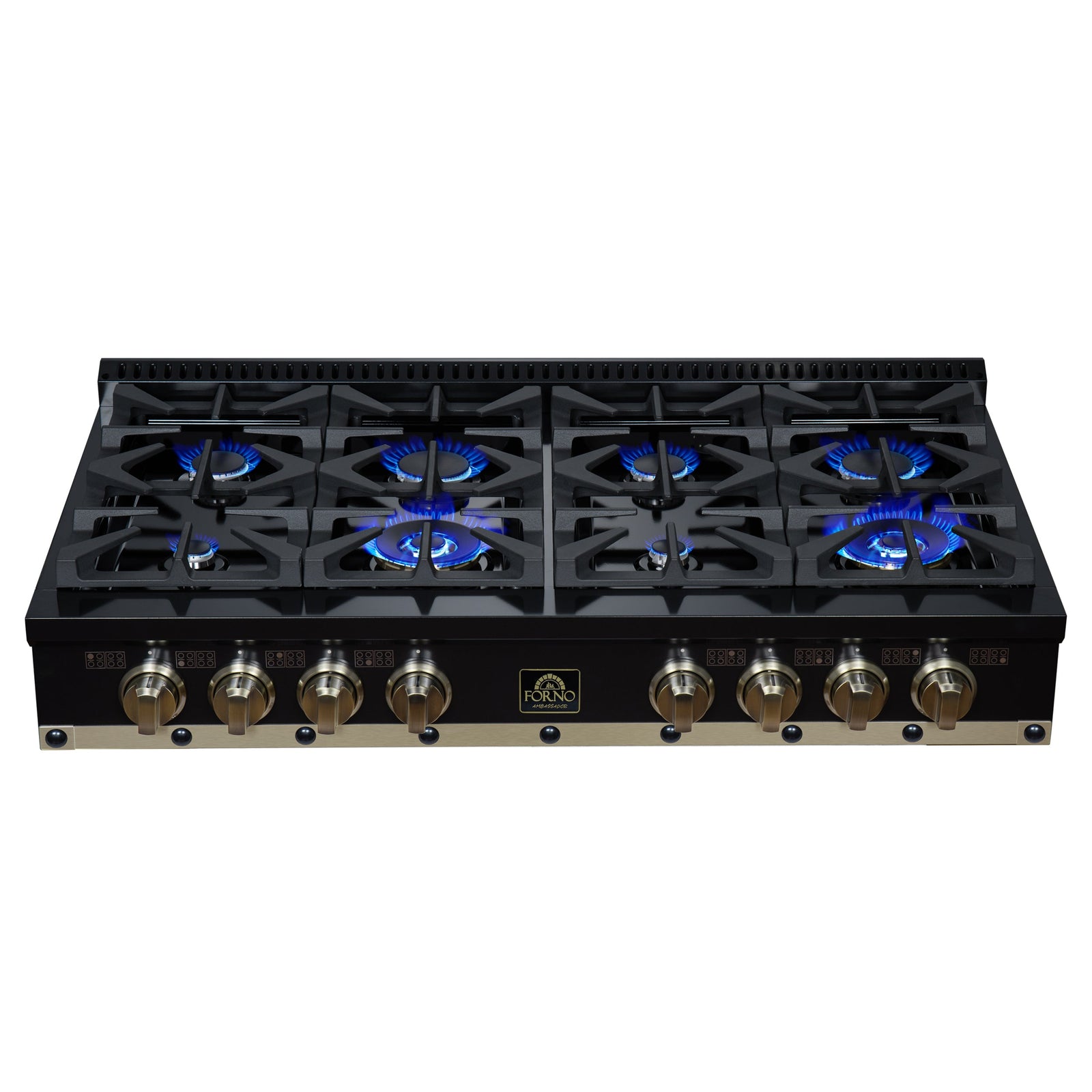 Forno Ambassador 48" Gas Cooktop in Black, 8 Sealed burners, 94,000 BUT Output, 2 Antique Brass Dual-Ring Burners, Continuous Cast Iron Grates - FCTGS5799-48CPBLK