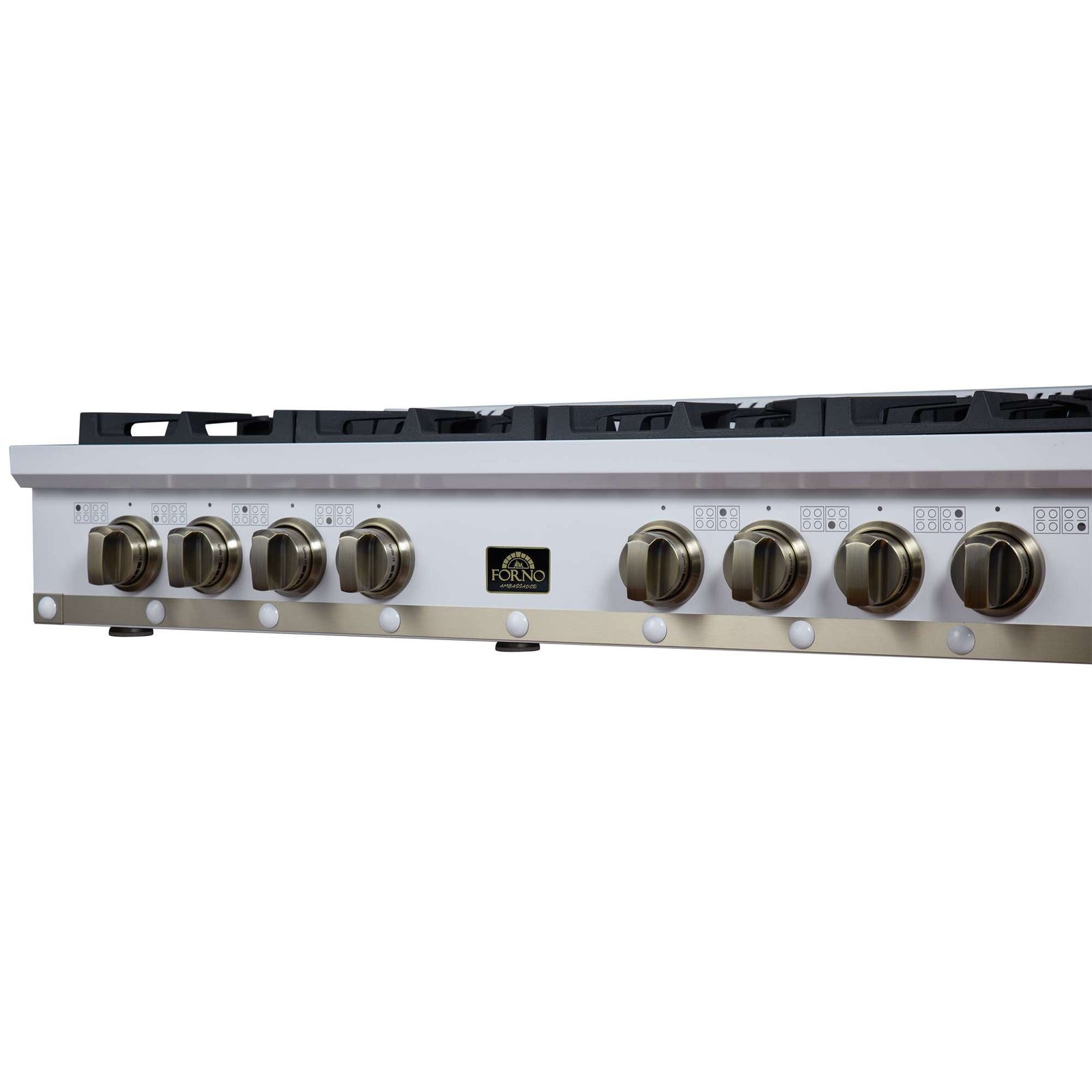 Forno Ambassador 48" Gas Cooktop in White, 8 Sealed burners, 94,000 BUT Output, 2 Antique Brass Dual-Ring Burners, Continuous Cast Iron Grates - FCTGS5799-48CPWHT
