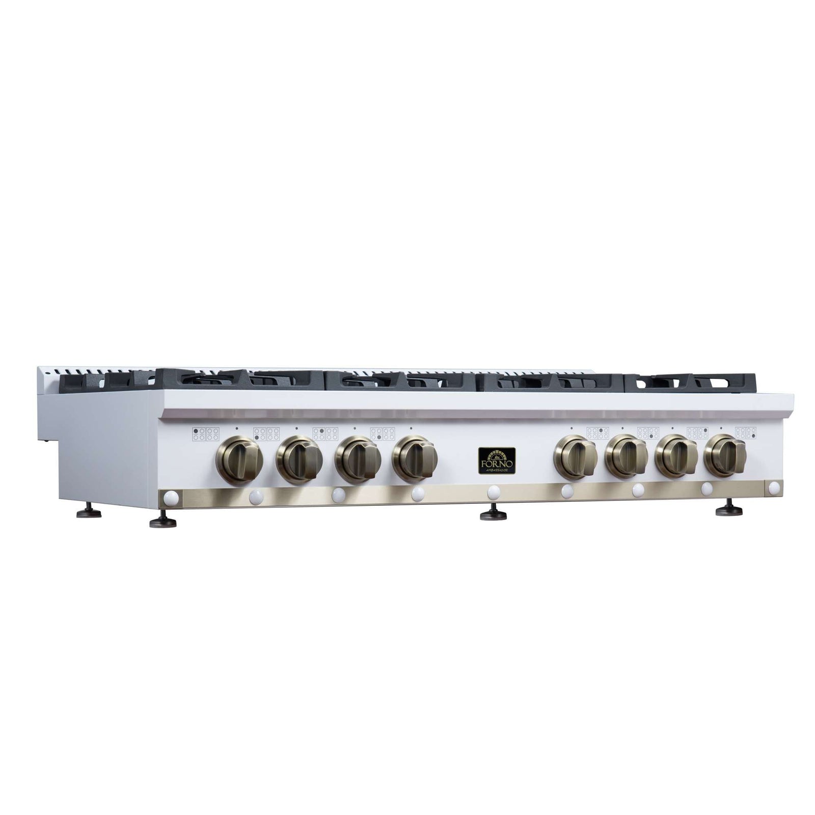 Forno Ambassador 48" Gas Cooktop in White, 8 Sealed burners, 94,000 BUT Output, 2 Antique Brass Dual-Ring Burners, Continuous Cast Iron Grates - FCTGS5799-48CPWHT