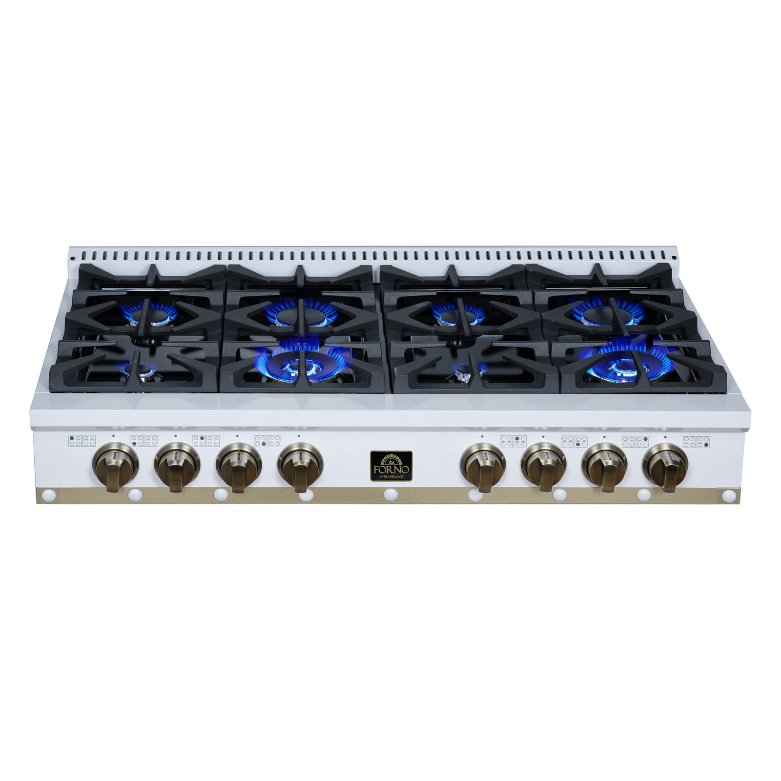 Forno Ambassador 48" Gas Cooktop in White, 8 Sealed burners, 94,000 BUT Output, 2 Antique Brass Dual-Ring Burners, Continuous Cast Iron Grates - FCTGS5799-48CPWHT