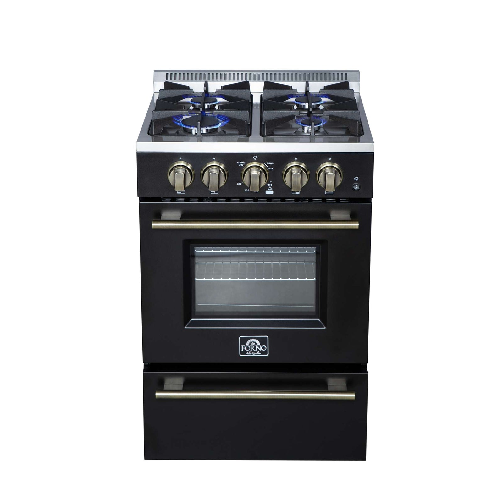 Forno Breno 24 Inch Freestanding Gas Range in Black with Antique Brass, Compact Design - FFSGS6272-24BLK