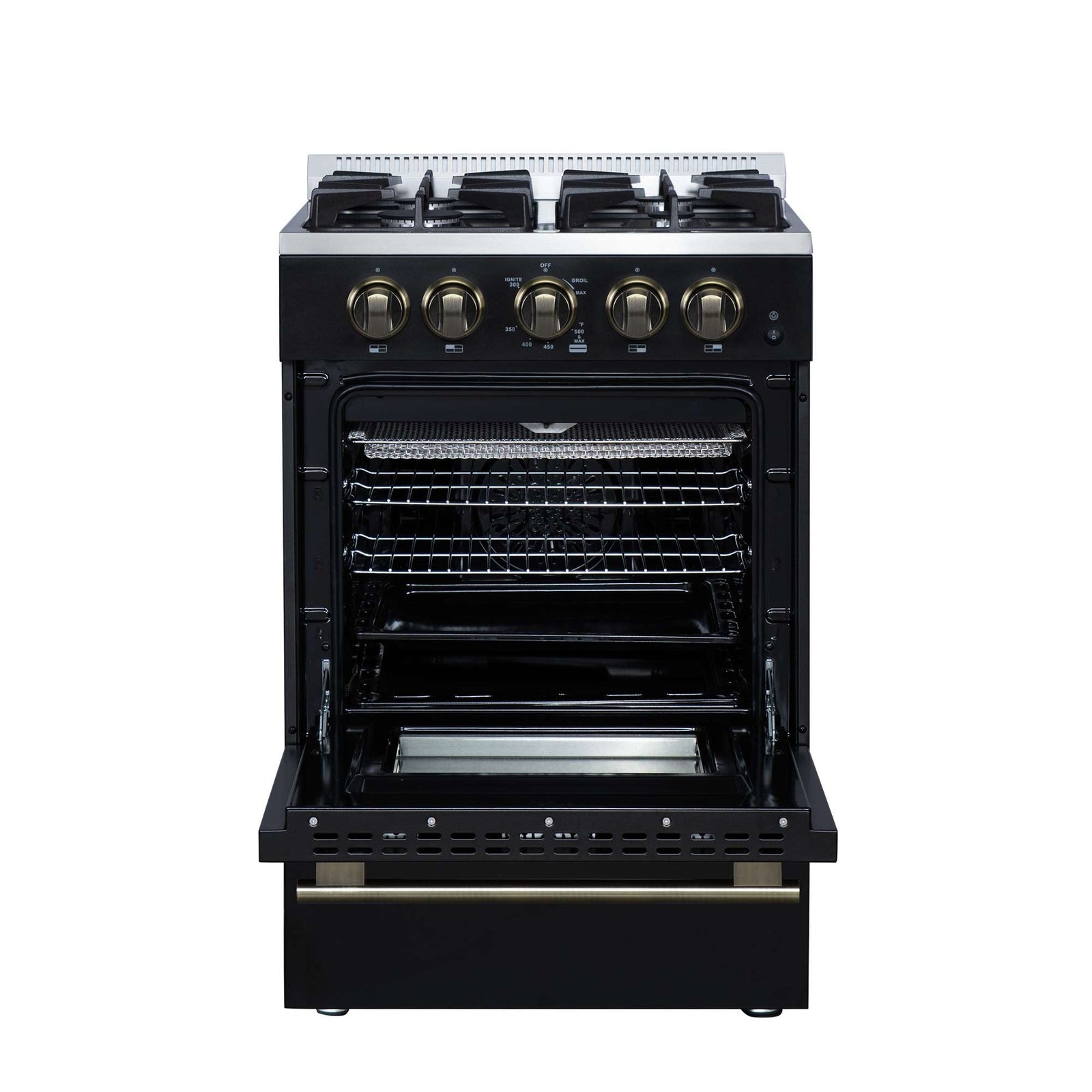 Forno Breno 24 Inch Freestanding Gas Range in Black with Antique Brass, Compact Design - FFSGS6272-24BLK