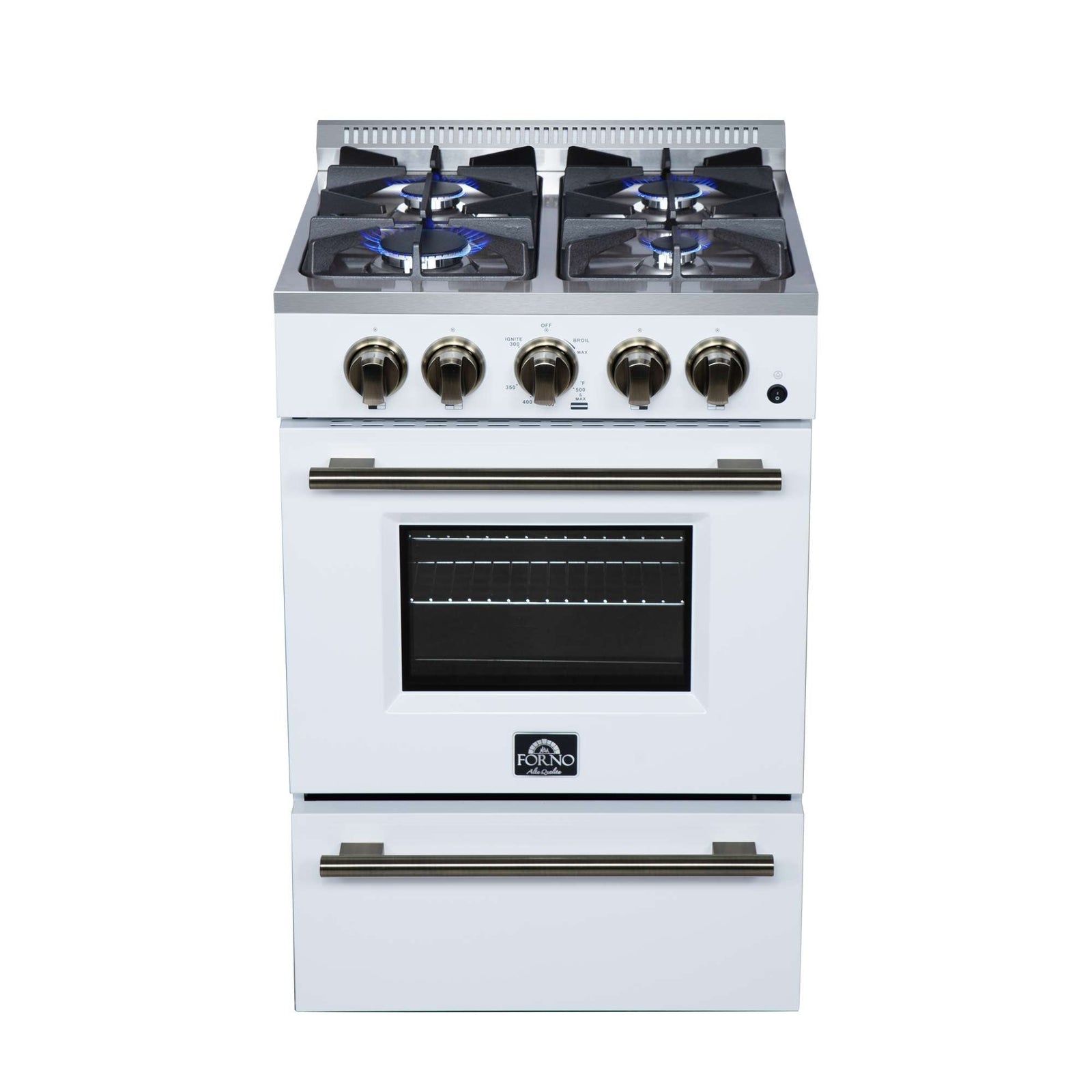 Forno Breno 24 Inch Freestanding Gas Range in White with Antique Brass, Compact Design - FFSGS6272-24WHT