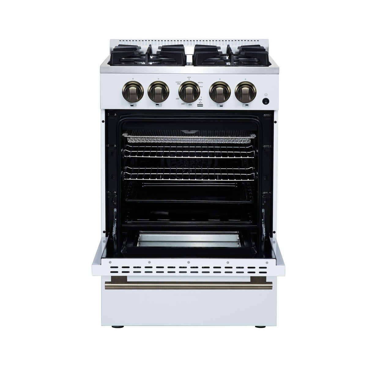 Forno Breno 24 Inch Freestanding Gas Range in White with Antique Brass, Compact Design - FFSGS6272-24WHT