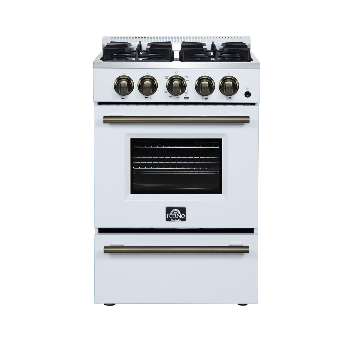 Forno Breno 24 Inch Freestanding Gas Range in White with Antique Brass, Compact Design - FFSGS6272-24WHT