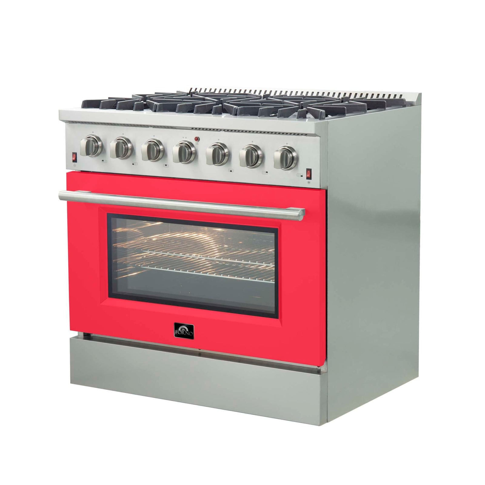 Forno Galiano 36-Inch Freestanding Gas Range, Stainless Steel, 6 Burners, Energy Efficient, Red Door - FFSGS6244-36RED