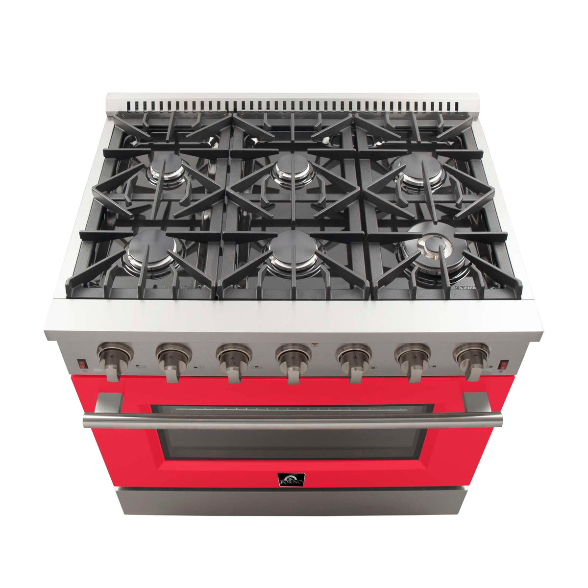 Forno Galiano 36-Inch Freestanding Gas Range, Stainless Steel, 6 Burners, Energy Efficient, Red Door - FFSGS6244-36RED