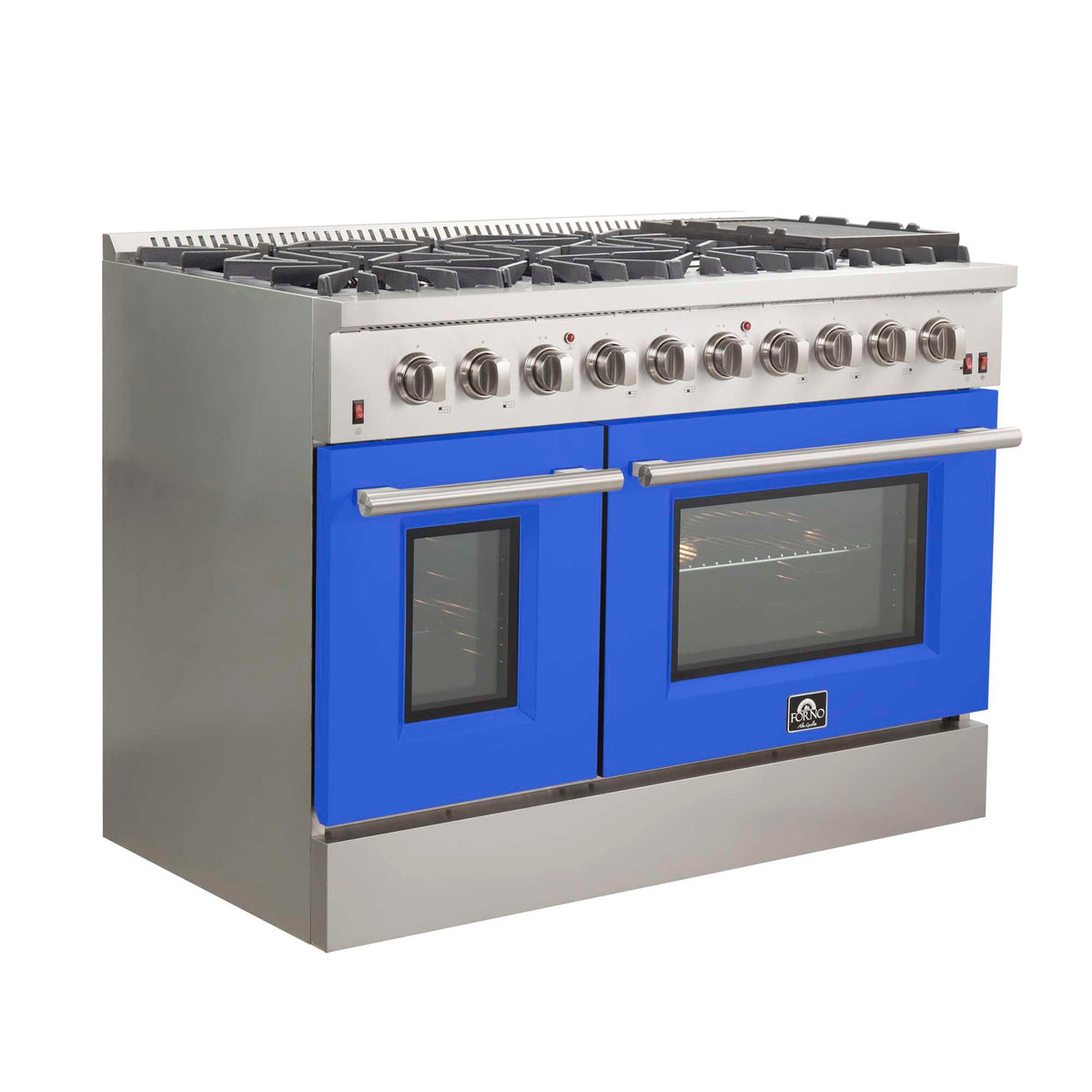 Forno Galiano 48-Inch Freestanding Gas Range, Stainless Steel, 8 Burners, 107,000 BTU, Griddle, Double Ovens, Energy Efficient, Blue Doors - FFSGS6244-48BLU