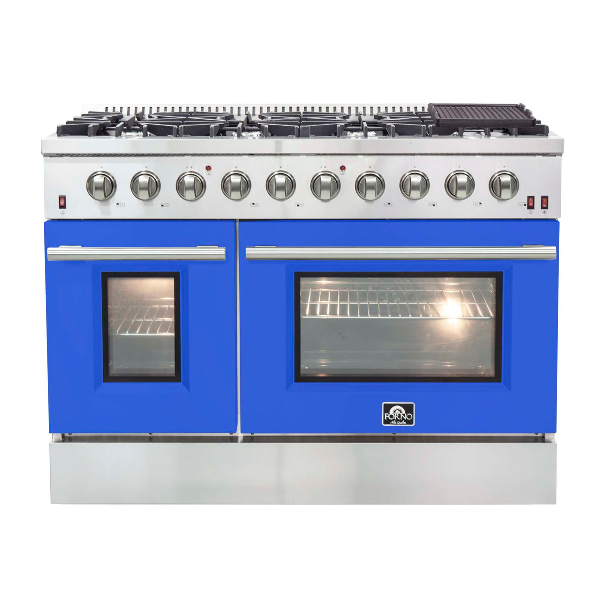 Forno Galiano 48-Inch Freestanding Gas Range, Stainless Steel, 8 Burners, 107,000 BTU, Griddle, Double Ovens, Energy Efficient, Blue Doors - FFSGS6244-48BLU