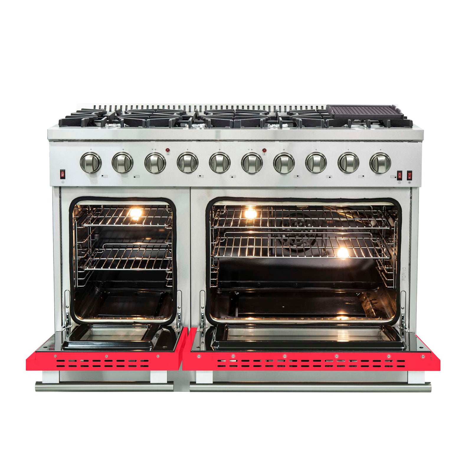 Forno Galiano 48-Inch Freestanding Gas Range, Stainless Steel, 8 Burners, 107,000 BTU, Griddle, Double Ovens, Energy Efficient, Red Doors - FFSGS6244-48RED