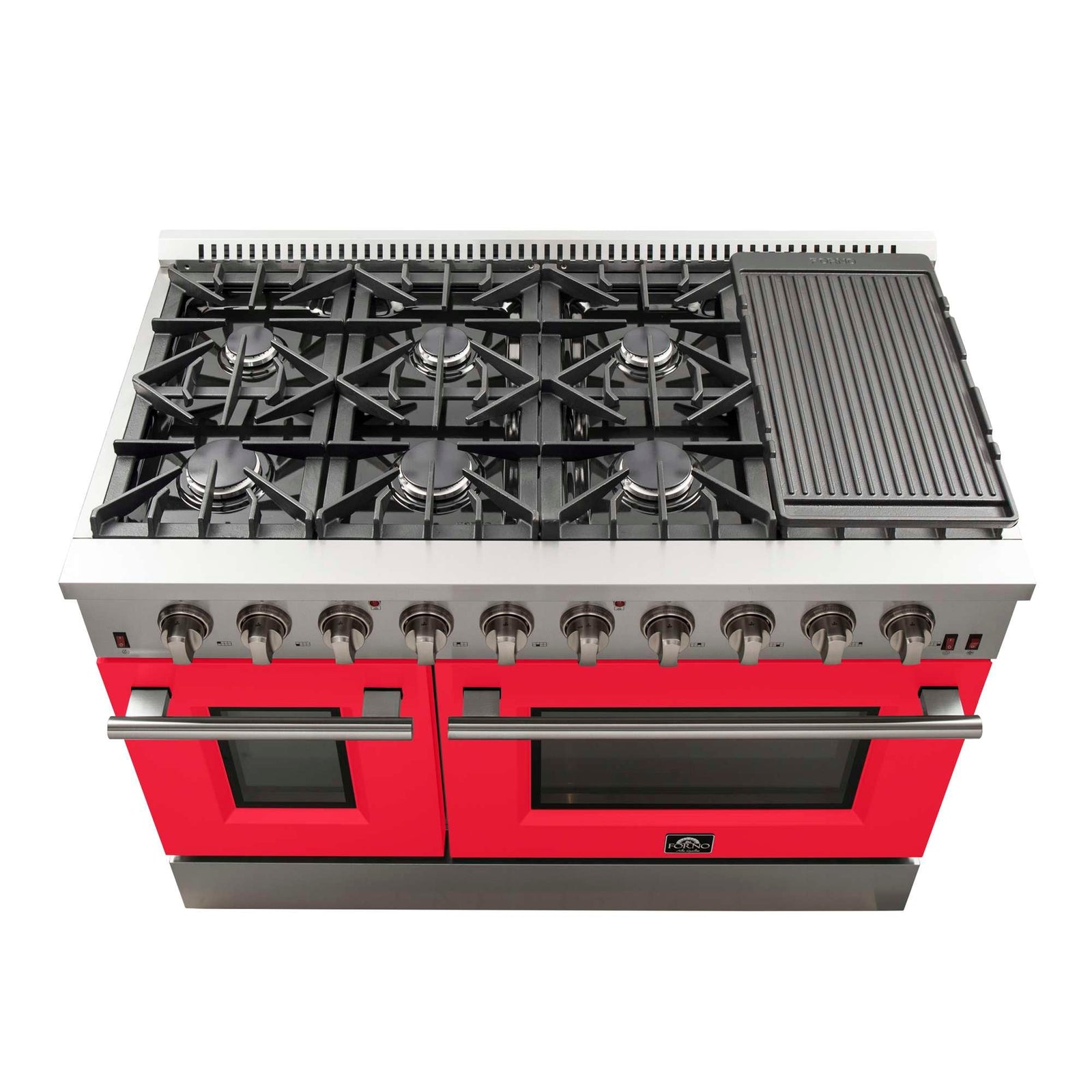 Forno Galiano 48-Inch Freestanding Gas Range, Stainless Steel, 8 Burners, 107,000 BTU, Griddle, Double Ovens, Energy Efficient, Red Doors - FFSGS6244-48RED