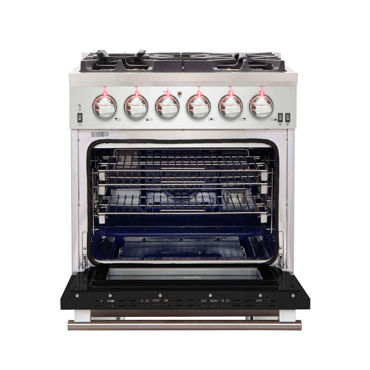 Forno Capriasca 30-Inch Freestanding Gas Range, 4 Burners, True Convection Oven, Black Door - FFSGS6260-30BLK