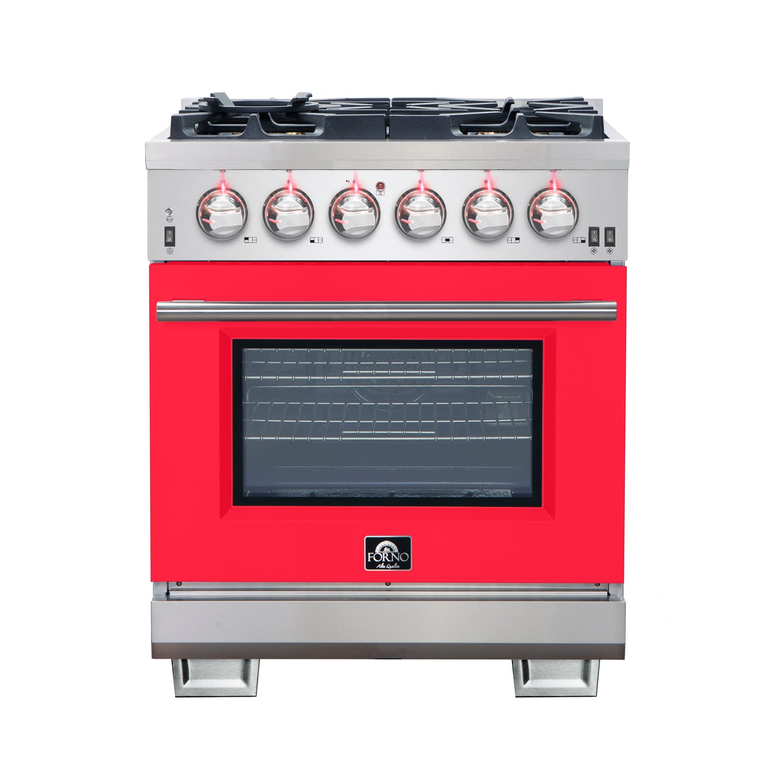 Forno Capriasca 30-Inch Freestanding Gas Range, 4 Burners, True Convection Oven, Red Door - FFSGS6260-30RED