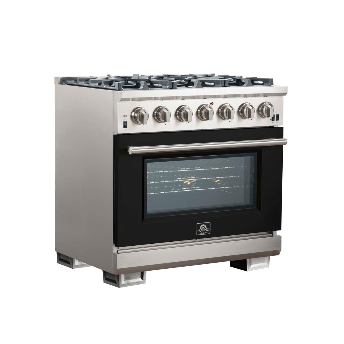 Forno Capriasca 36-Inch Gas Range, Stainless Steel, 6 Brass Burners, 120,000 BTU, Convection Oven, Energy Efficient, Black Door - FFSGS6260-36BLK