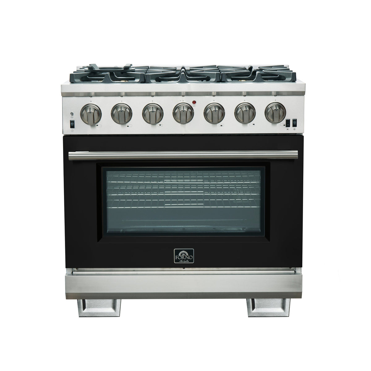 Forno Capriasca 36-Inch Gas Range, Stainless Steel, 6 Brass Burners, 120,000 BTU, Convection Oven, Energy Efficient, Black Door - FFSGS6260-36BLK