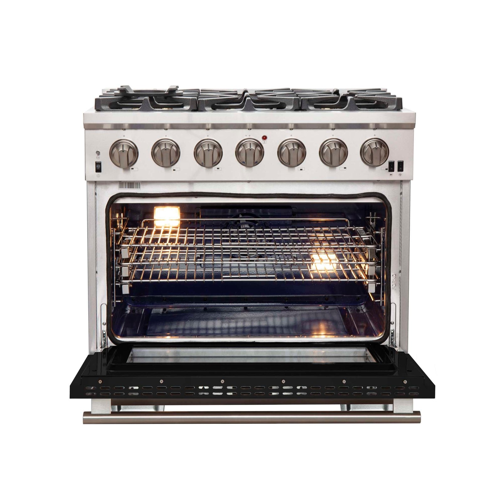Forno Capriasca 36-Inch Gas Range, Stainless Steel, 6 Brass Burners, 120,000 BTU, Convection Oven, Energy Efficient, Black Door - FFSGS6260-36BLK