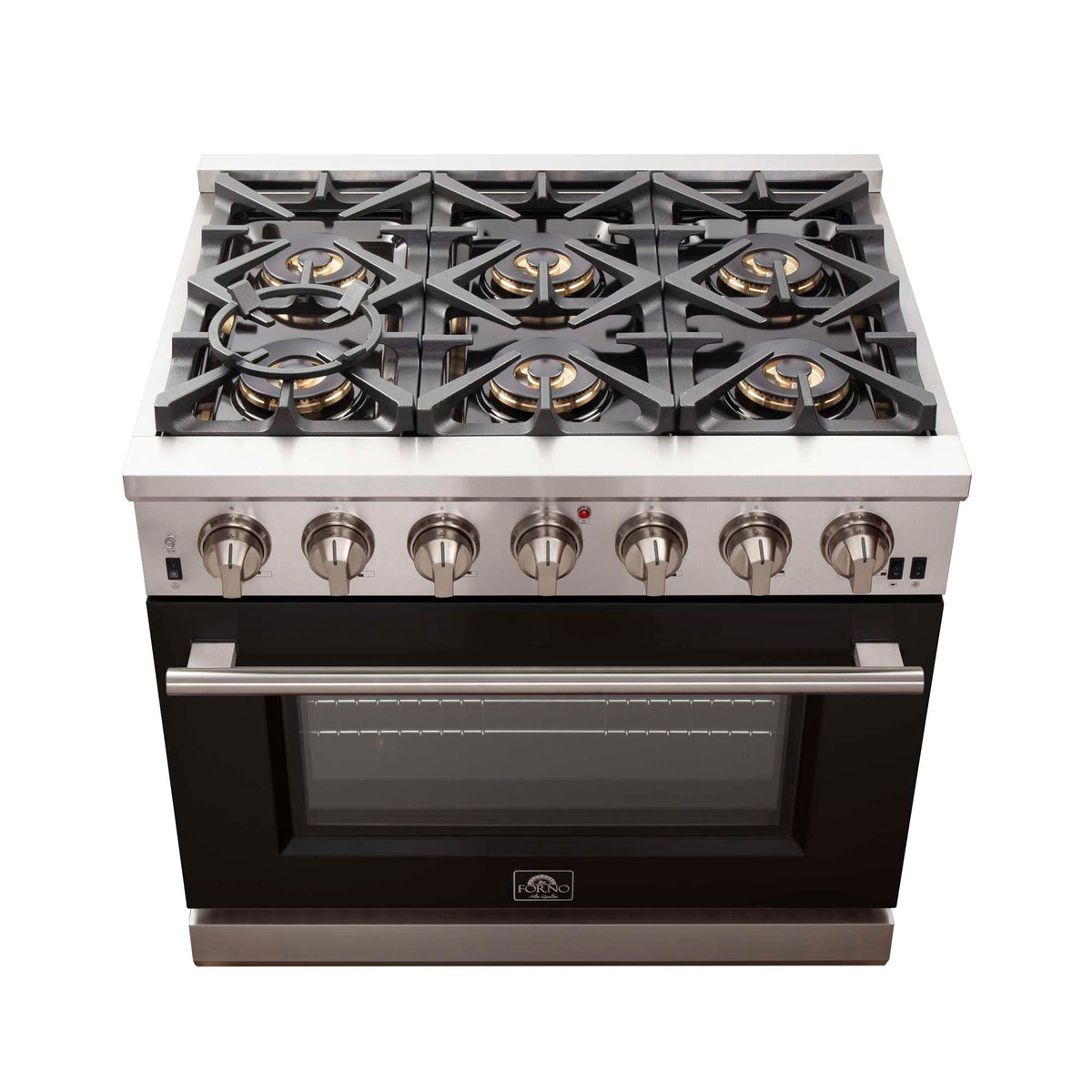 Forno Capriasca 36-Inch Gas Range, Stainless Steel, 6 Brass Burners, 120,000 BTU, Convection Oven, Energy Efficient, Black Door - FFSGS6260-36BLK
