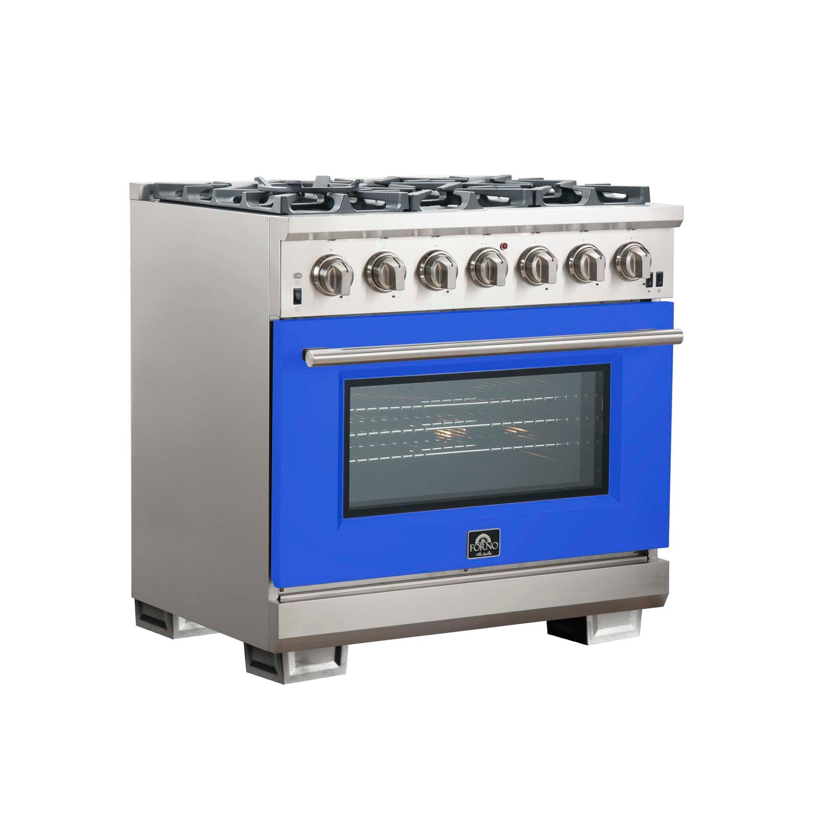 Forno Capriasca 36-Inch Gas Range, Stainless Steel, 6 Brass Burners, 120,000 BTU, Convection Oven, Energy Efficient, Blue Door - FFSGS6260-36BLU