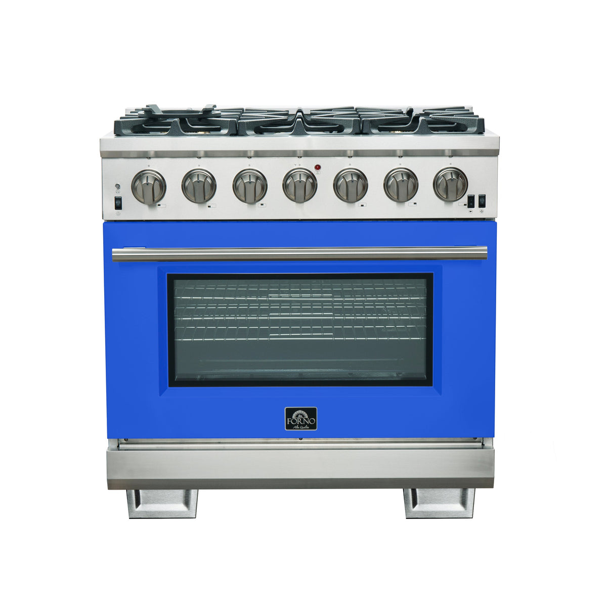 Forno Capriasca 36-Inch Gas Range, Stainless Steel, 6 Brass Burners, 120,000 BTU, Convection Oven, Energy Efficient, Blue Door - FFSGS6260-36BLU