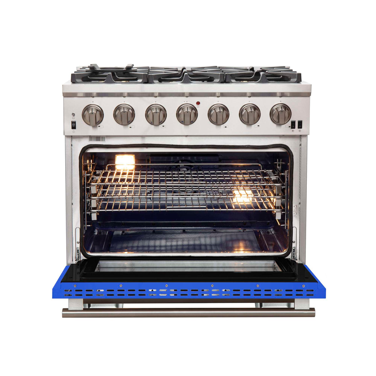 Forno Capriasca 36-Inch Gas Range, Stainless Steel, 6 Brass Burners, 120,000 BTU, Convection Oven, Energy Efficient, Blue Door - FFSGS6260-36BLU