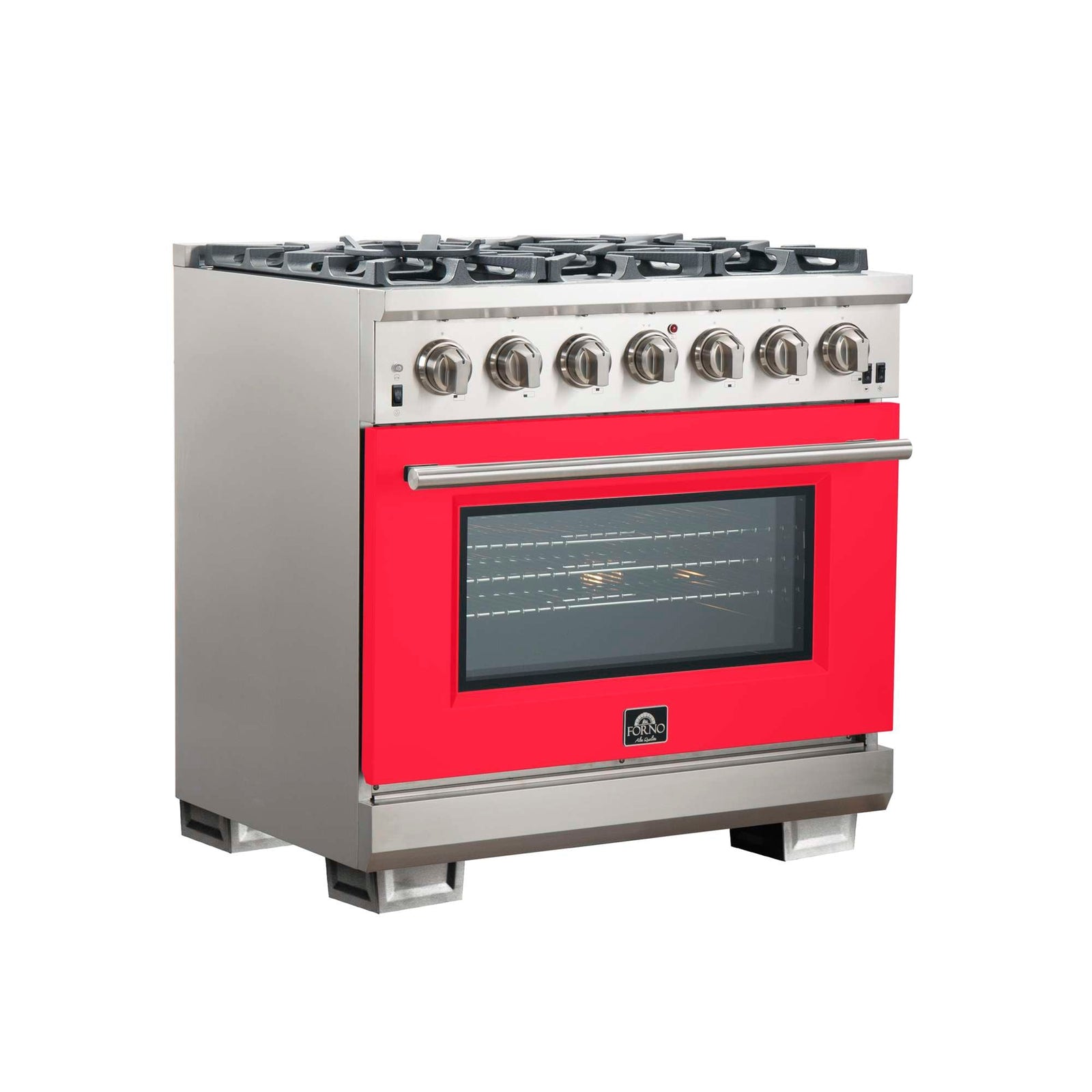 Forno Capriasca 36-Inch Gas Range, Stainless Steel, 6 Brass Burners, 120,000 BTU, Convection Oven, Energy Efficient, Red Door - FFSGS6260-36RED
