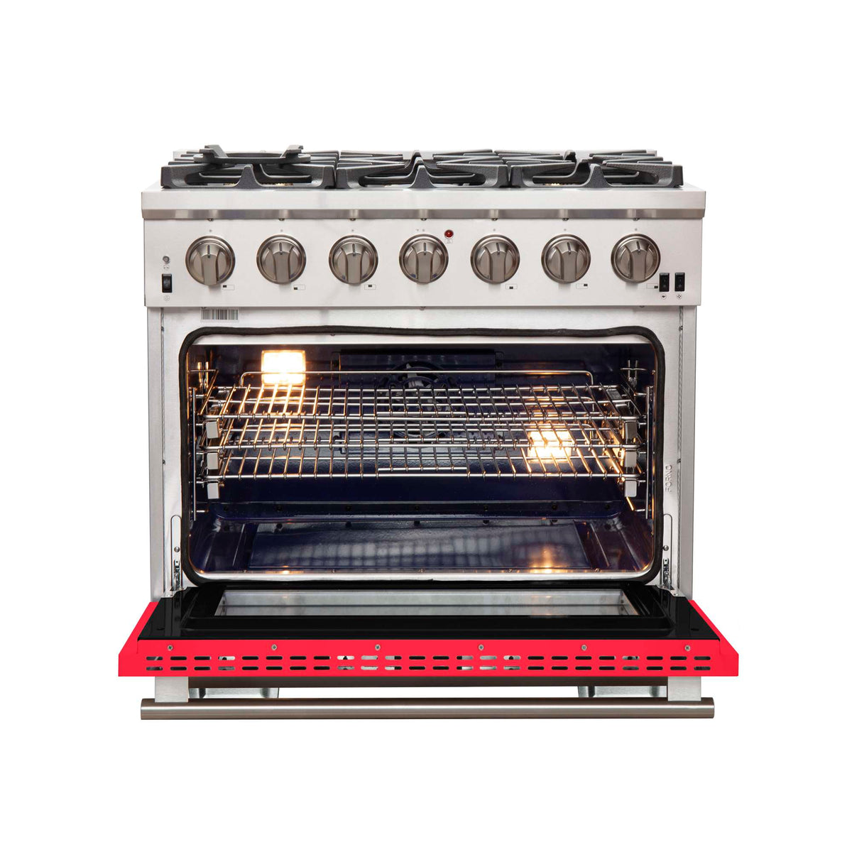 Forno Capriasca 36-Inch Gas Range, Stainless Steel, 6 Brass Burners, 120,000 BTU, Convection Oven, Energy Efficient, Red Door - FFSGS6260-36RED
