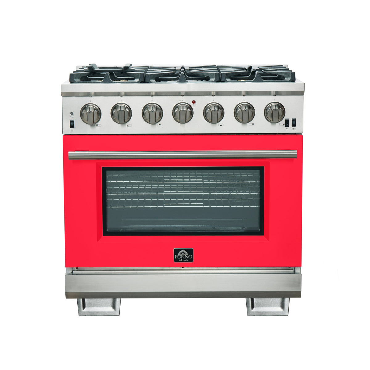 Forno Capriasca 36-Inch Gas Range, Stainless Steel, 6 Brass Burners, 120,000 BTU, Convection Oven, Energy Efficient, Red Door - FFSGS6260-36RED