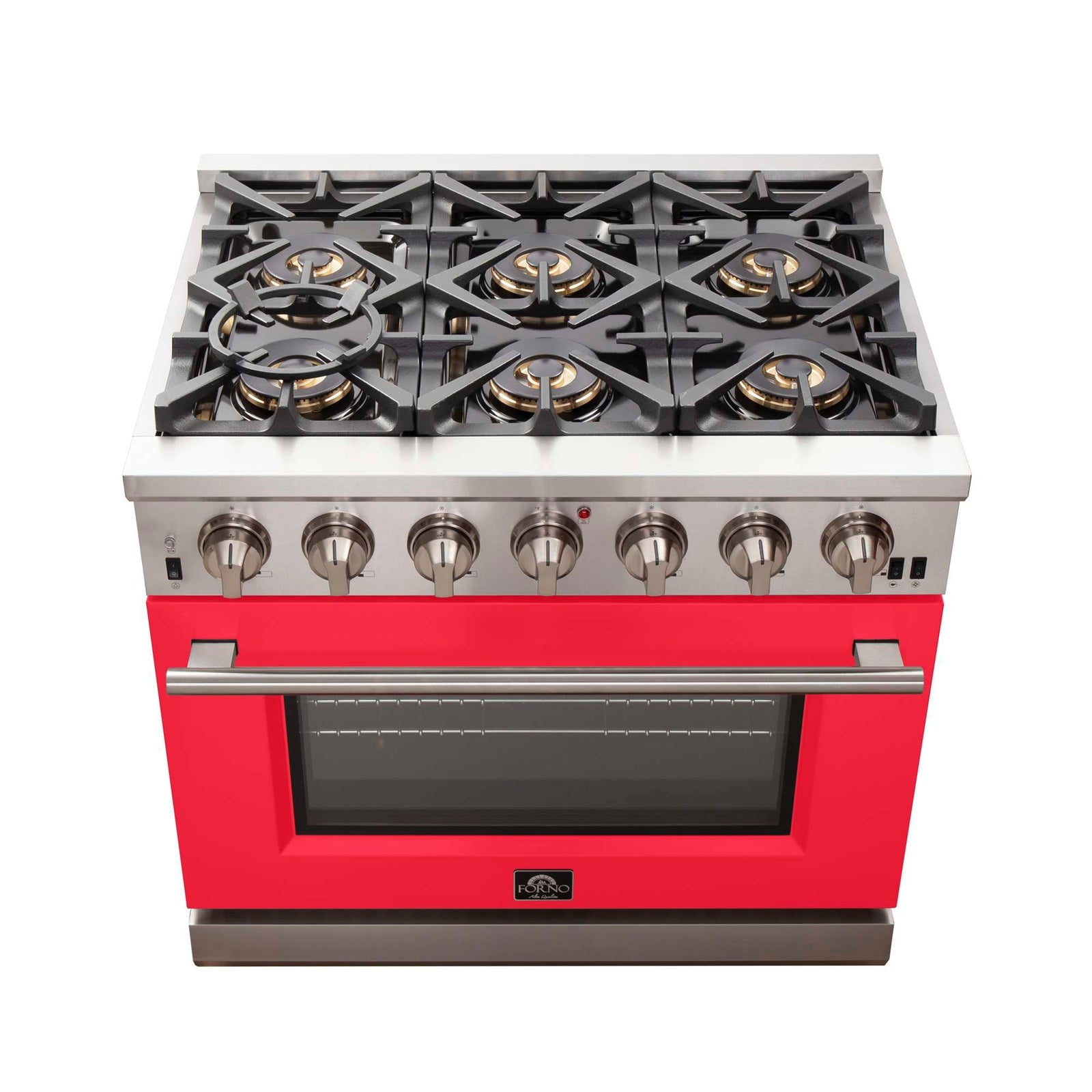 Forno Capriasca 36-Inch Gas Range, Stainless Steel, 6 Brass Burners, 120,000 BTU, Convection Oven, Energy Efficient, Red Door - FFSGS6260-36RED