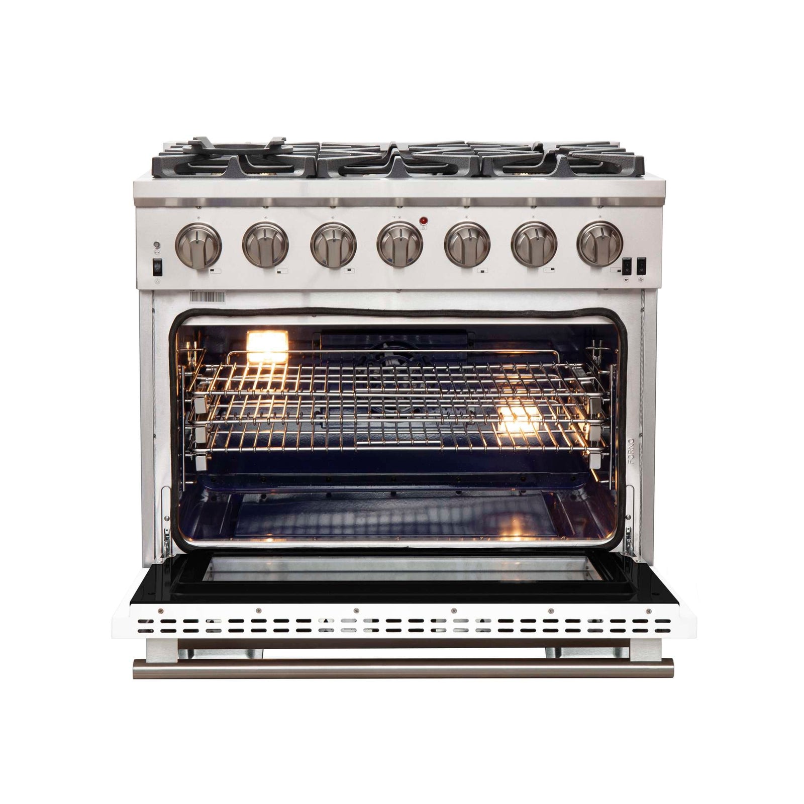 Forno Capriasca 36-Inch Gas Range, Stainless Steel, 6 Brass Burners, 120,000 BTU, Convection Oven, Energy Efficient, White Door - FFSGS6260-36WHT