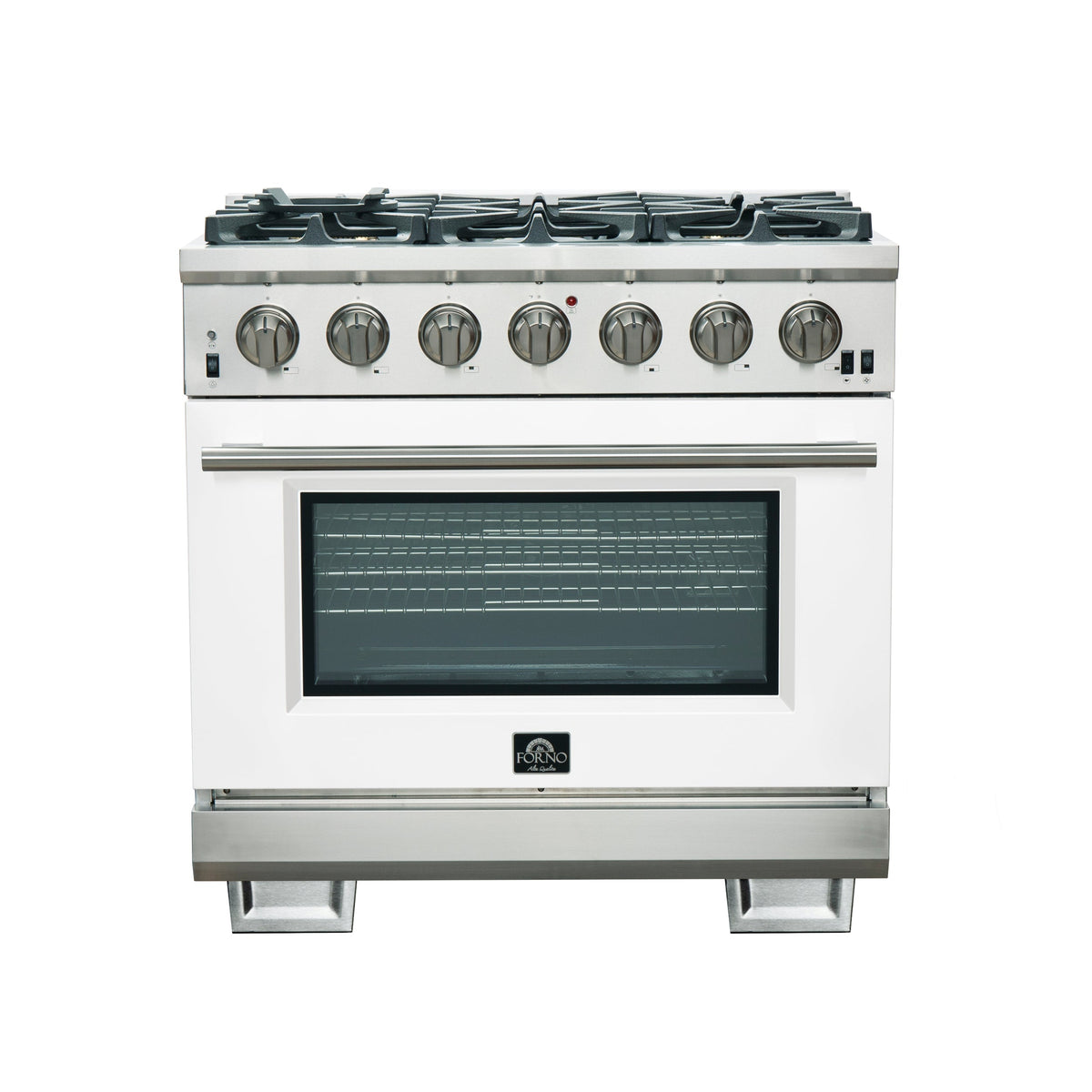 Forno Capriasca 36-Inch Gas Range, Stainless Steel, 6 Brass Burners, 120,000 BTU, Convection Oven, Energy Efficient, White Door - FFSGS6260-36WHT