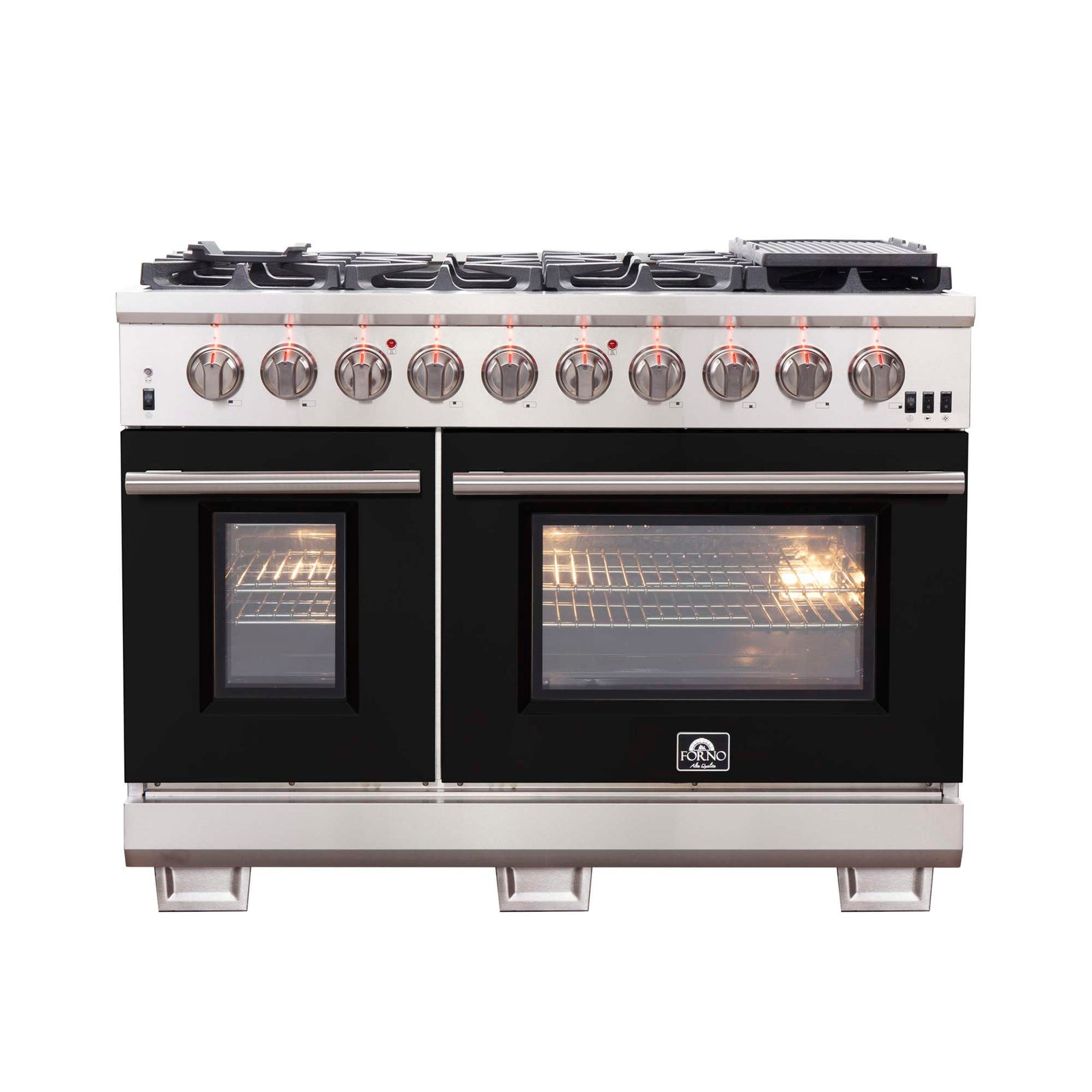 Forno Capriasca 48-inch Gas Range Stainless Steel, 8 Brass Burners 160,000 BTU, 6.58 cu.ft. Double Oven, Black Doors - FFSGS6260-48BLK