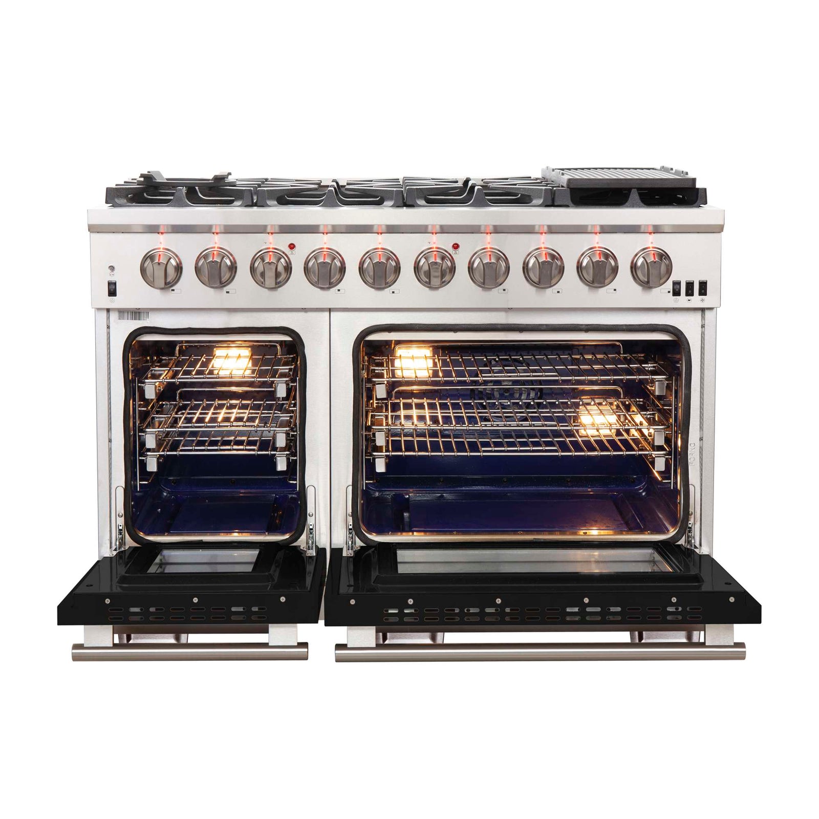 Forno Capriasca 48-inch Gas Range Stainless Steel, 8 Brass Burners 160,000 BTU, 6.58 cu.ft. Double Oven, Black Doors - FFSGS6260-48BLK