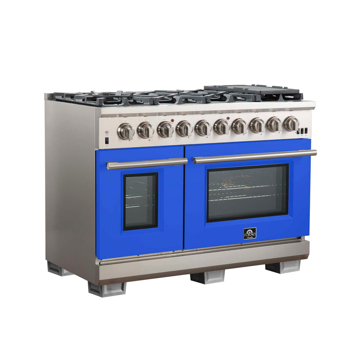 Forno Capriasca 48-inch Gas Range Stainless Steel, 8 Brass Burners 160,000 BTU, 6.58 cu.ft. Double Oven, Blue Doors - FFSGS6260-48BLU