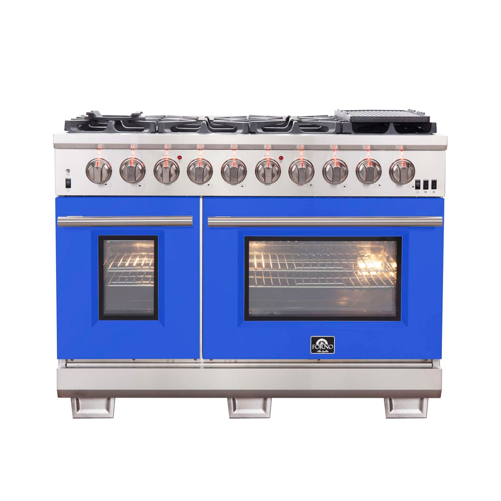 Forno Capriasca 48-inch Gas Range Stainless Steel, 8 Brass Burners 160,000 BTU, 6.58 cu.ft. Double Oven, Blue Doors - FFSGS6260-48BLU