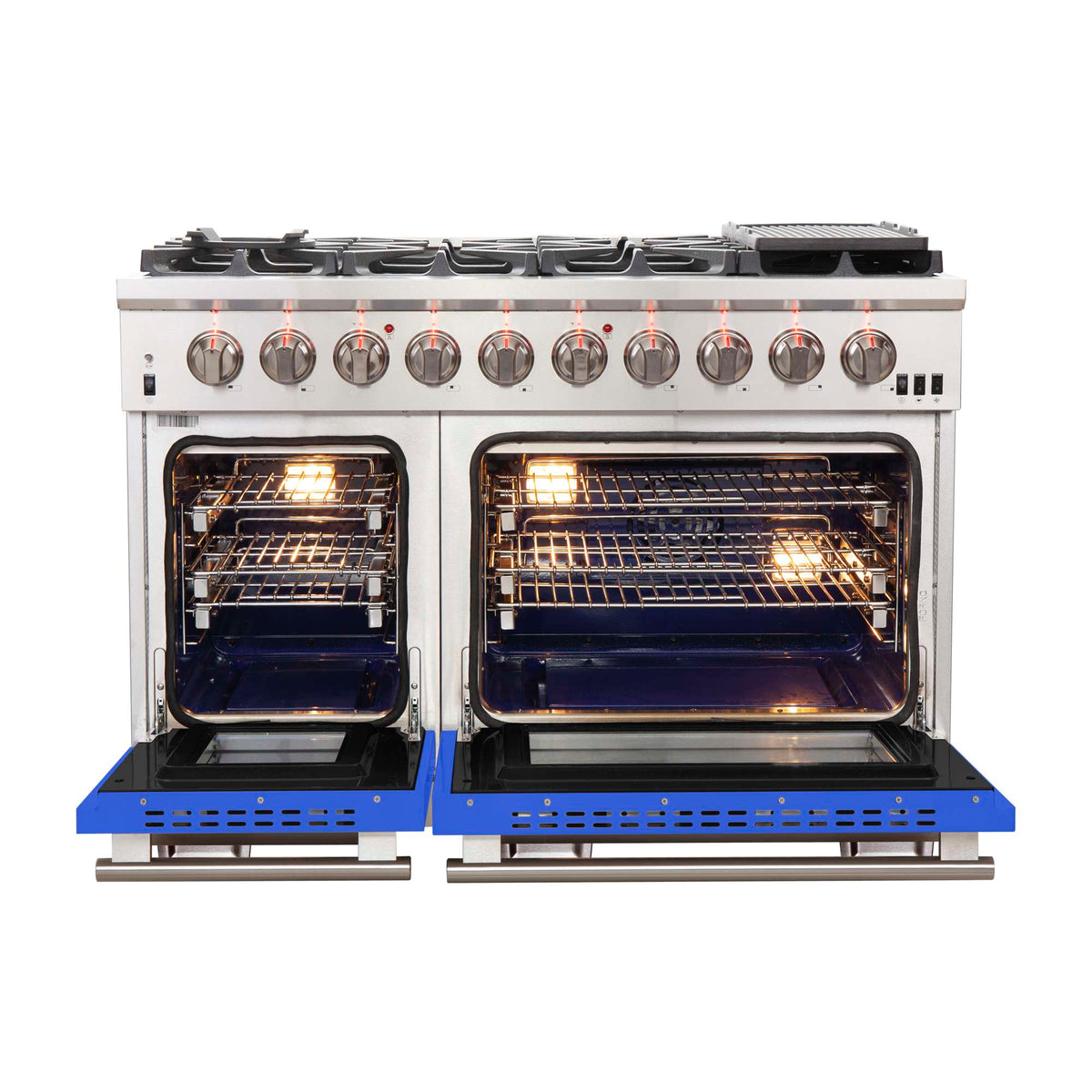 Forno Capriasca 48-inch Gas Range Stainless Steel, 8 Brass Burners 160,000 BTU, 6.58 cu.ft. Double Oven, Blue Doors - FFSGS6260-48BLU
