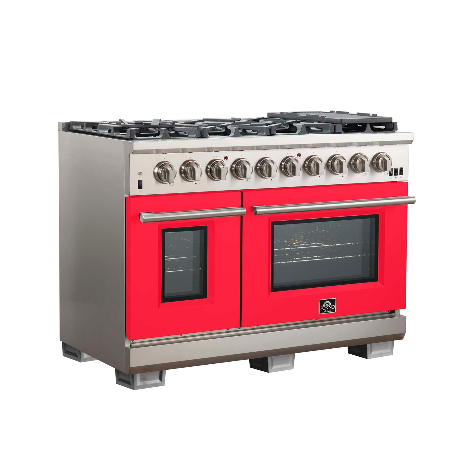 Forno Capriasca 48-inch Gas Range Stainless Steel, 8 Brass Burners 160,000 BTU, 6.58 cu.ft. Double Oven, Red Doors - FFSGS6260-48RED
