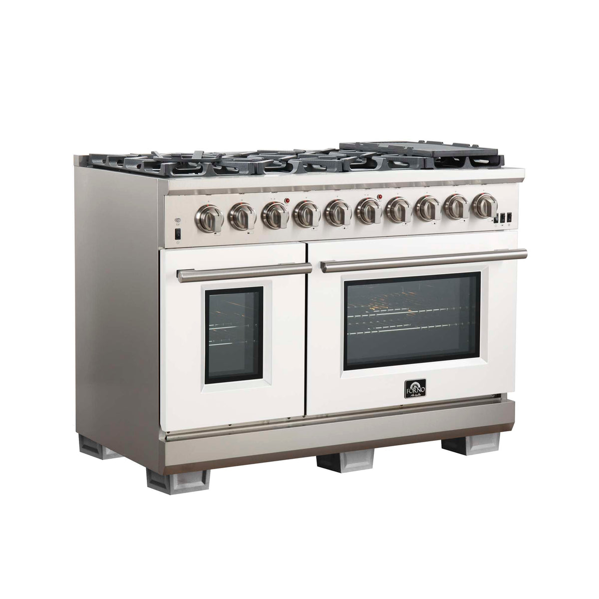 Forno Capriasca 48-inch Gas Range Stainless Steel, 8 Brass Burners 160,000 BTU, 6.58 cu.ft. Double Oven, White Doors - FFSGS6260-48WHT