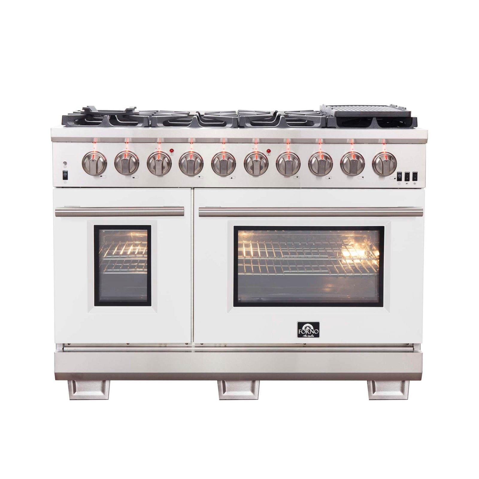 Forno Capriasca 48-inch Gas Range Stainless Steel, 8 Brass Burners 160,000 BTU, 6.58 cu.ft. Double Oven, White Doors - FFSGS6260-48WHT