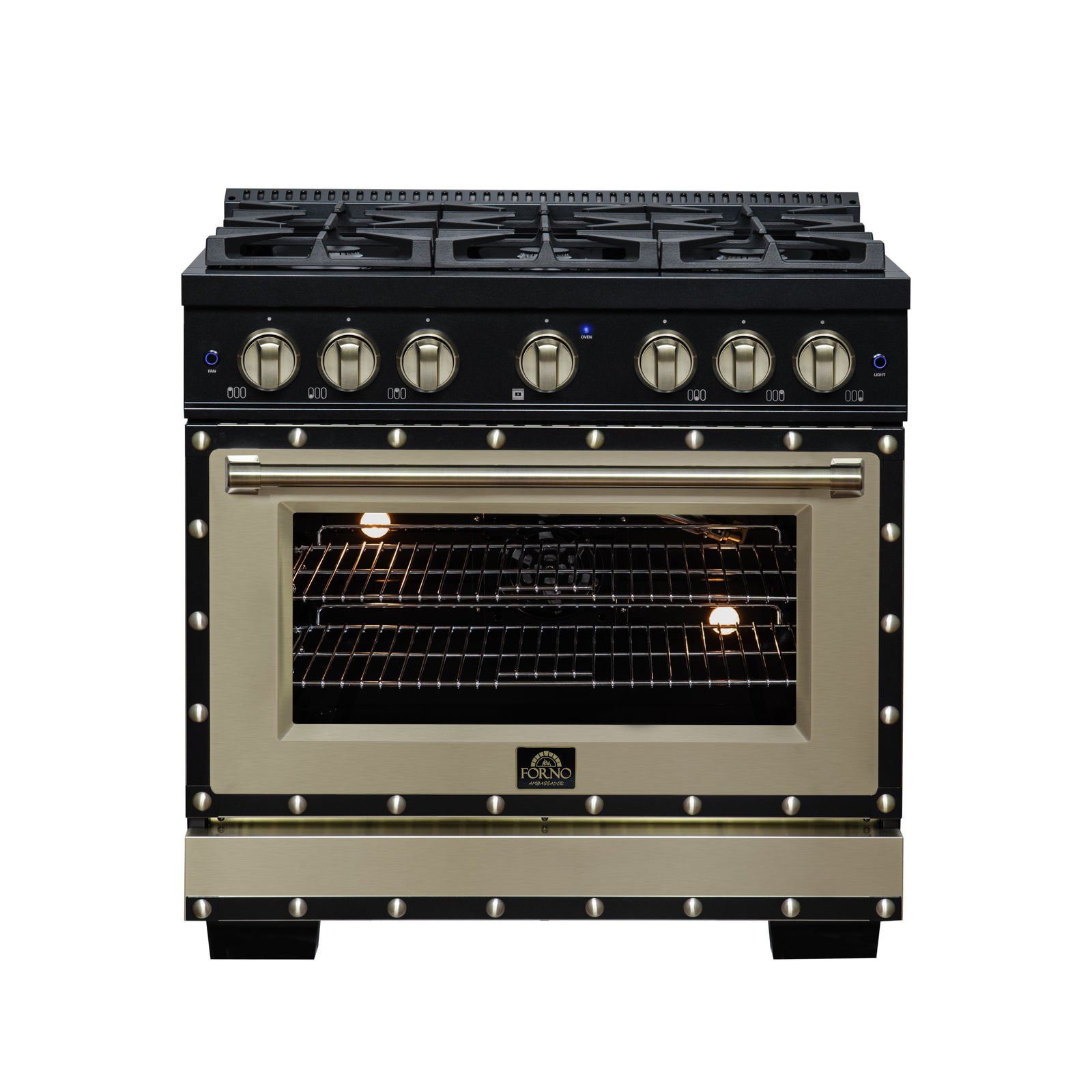 Forno Ambassador 36" Gas Range in Black, 6 Sealed Burnes, 71 000 BTU Cooktop Output , 5.2 Cu.Ft. convection Oven, Telescopic Racks - FFSGS6299-36CPBLK