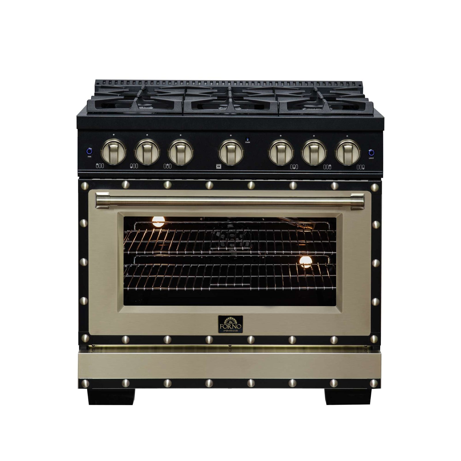 Forno Ambassador 36" Gas Range in Black, 6 Sealed Burnes, 71 000 BTU Cooktop Output , 5.2 Cu.Ft. convection Oven, Telescopic Racks - FFSGS6299-36CPBLK