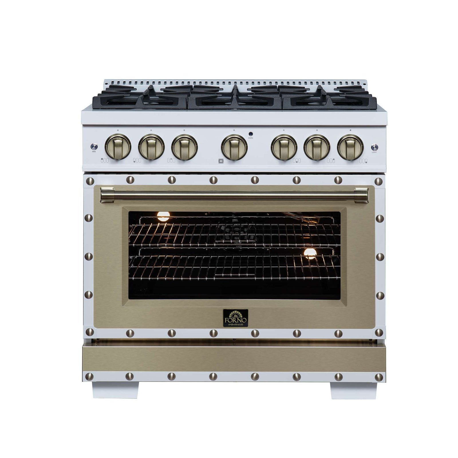 Forno Ambassador 36" Gas Range in White, 6 Sealed Burnes, 71 000 BTU Cooktop Output , 5.2 Cu.Ft. convection Oven, Telescopic Racks - FFSGS6299-36CPWHT