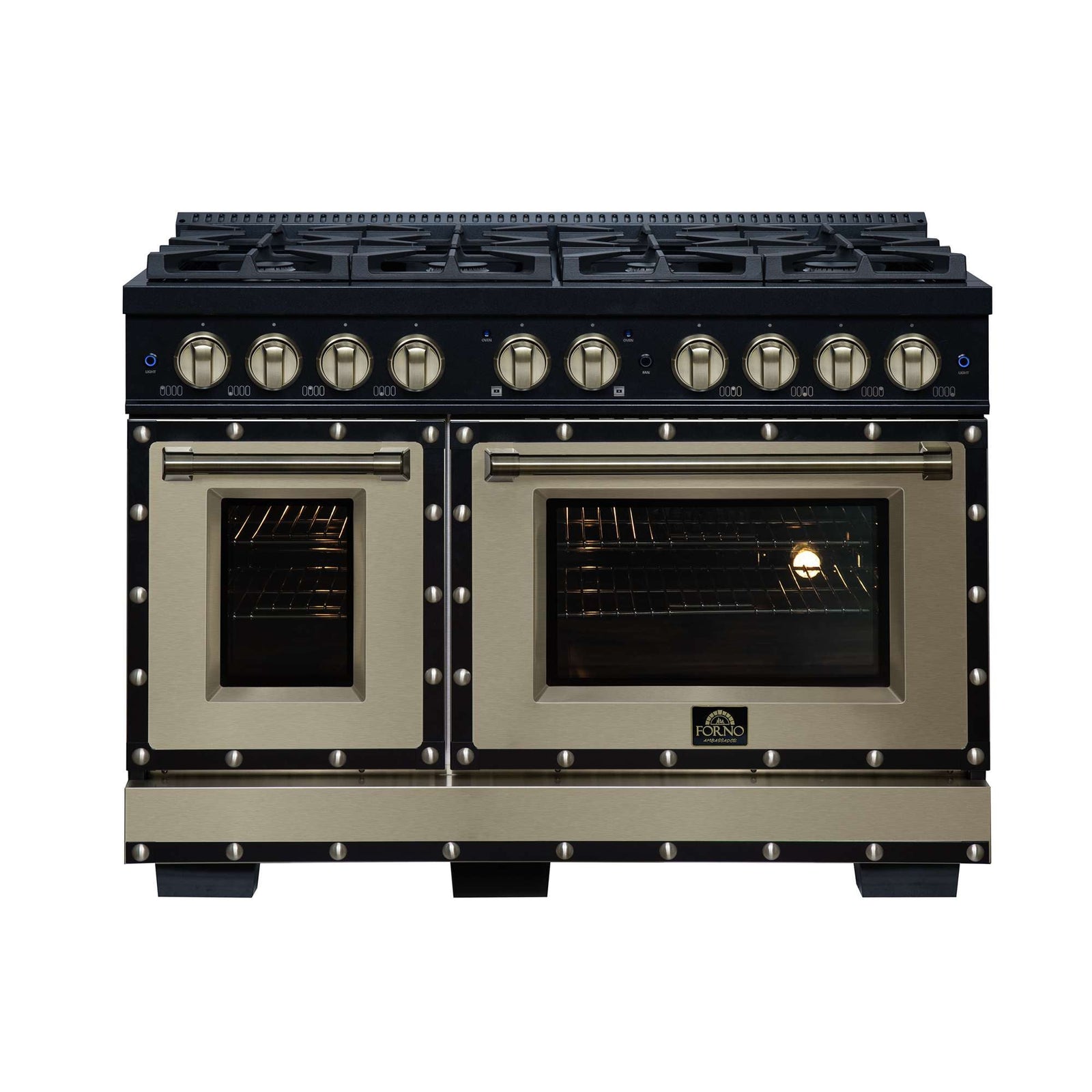 Forno Ambassador 48" Gas Range in Black, 8 Sealed Burnes, 94 000 BTU Cooktop Output, 6.7 Cu.Ft. Double Oven, Telescopic Racks - FFSGS6299-48CPBLK