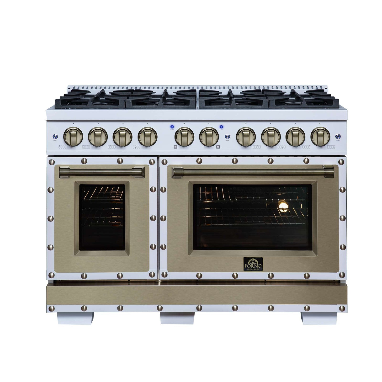 Forno Ambassador 48" Gas Range in White, 8 Sealed Burnes, 94 000 BTU Cooktop Output, 6.7 Cu.Ft. Double Oven, Telescopic Racks - FFSGS6299-48CPWHT